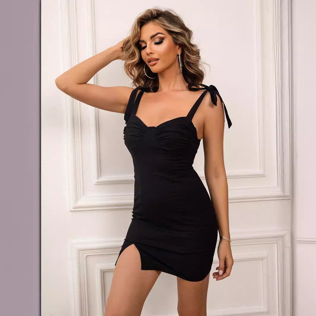 French Hepburn V Neck Strap Dress Summer Retro Split Waist Slimming Short Dress Women Clothing Bella Mia